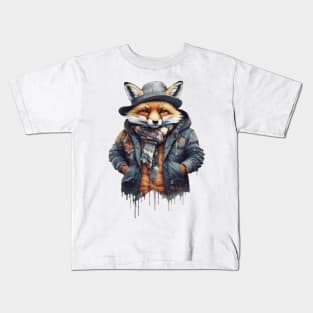 Fox wearing a jacket cap and a scarf Kids T-Shirt